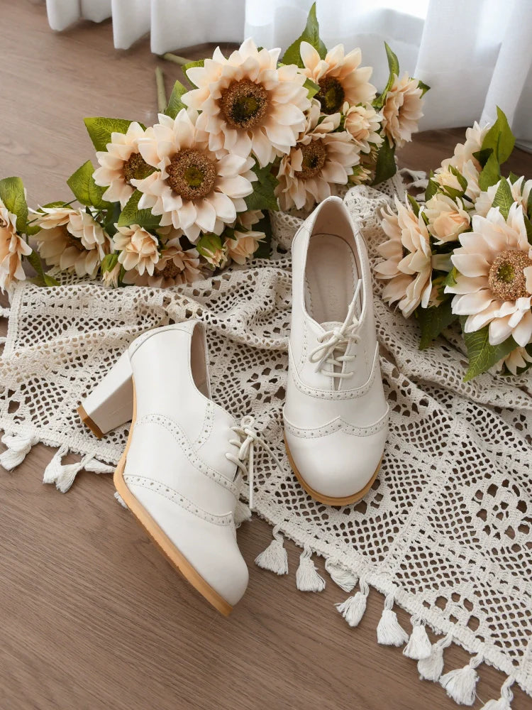 Sentaro - Retro Lolita Heel Shoes Handmade Perforated Strap Leather Shoes