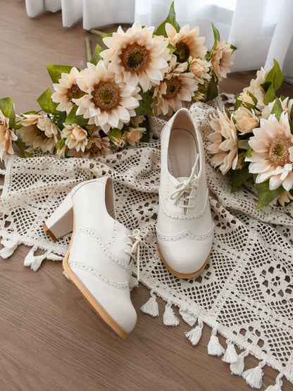 Sentaro - Retro Lolita Heel Shoes Handmade Perforated Strap Leather Shoes