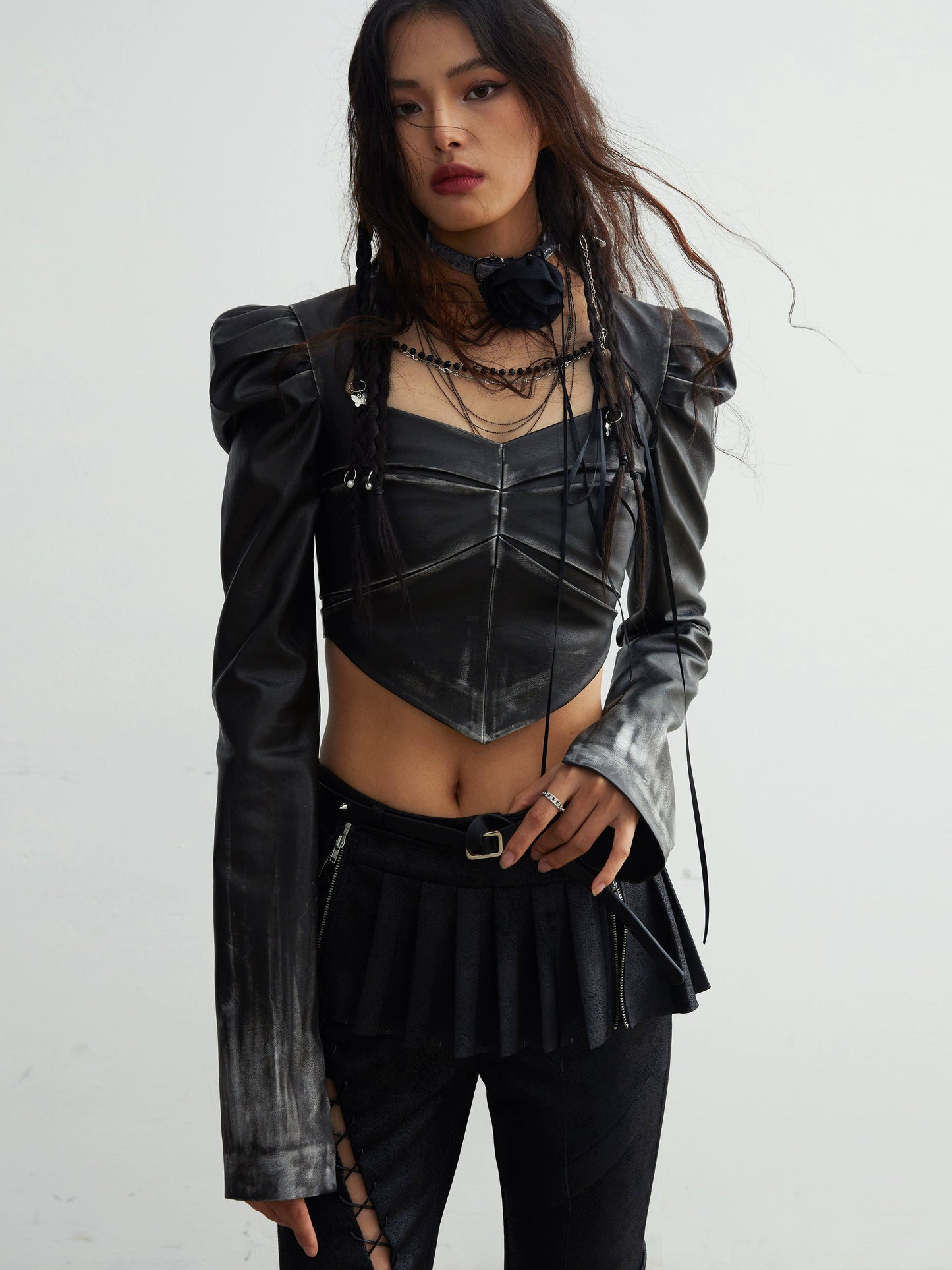 Cut-out Lace-up Pockets Decorated Flare Pants With Skirt