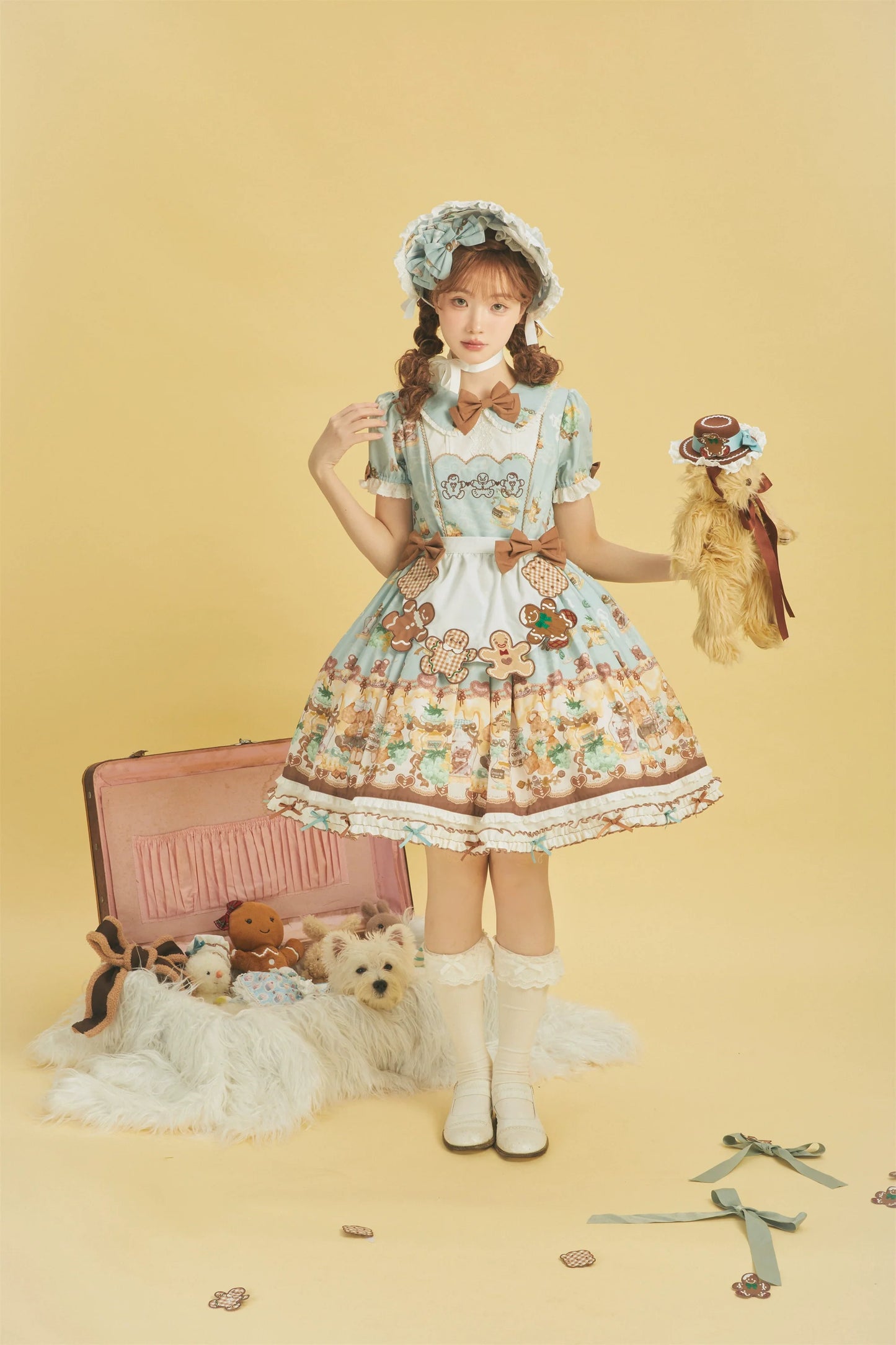 Babyblue - Little Bear Honey Jar - Kawaii Lolita Short Sleeve OP Gingerbread Man Embroidered Dress