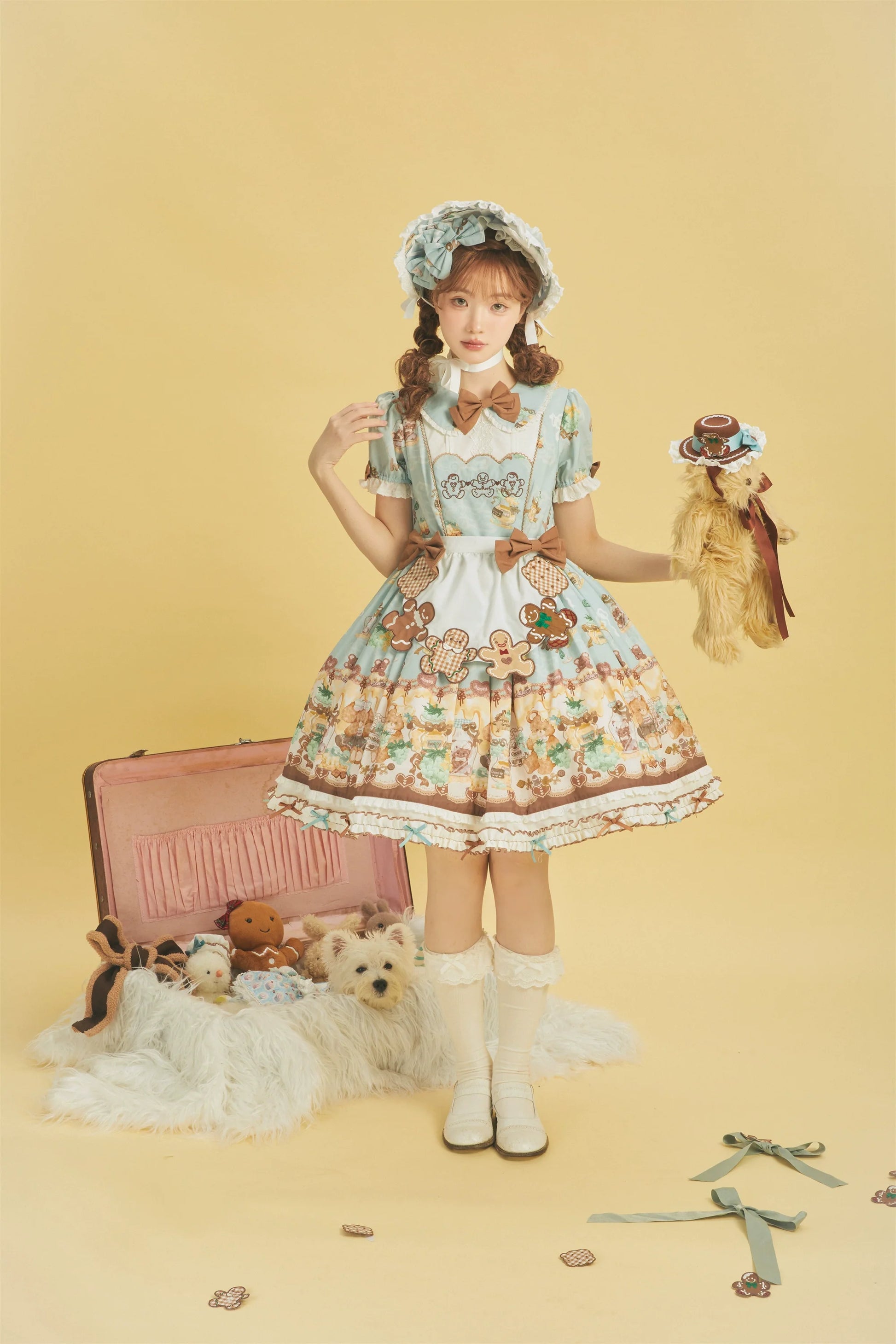 Babyblue - Little Bear Honey Jar - Kawaii Lolita Short Sleeve OP Gingerbread Man Embroidered Dress