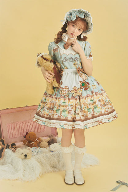 Babyblue - Little Bear Honey Jar - Kawaii Lolita Short Sleeve OP Gingerbread Man Embroidered Dress