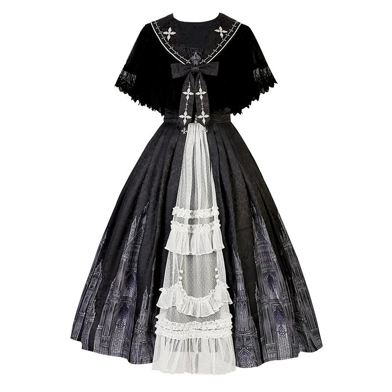 Cornfield Lolita - Silent Church - Gothic Lolita JSK Front Open Printed Dress and Thin Cardigan Set