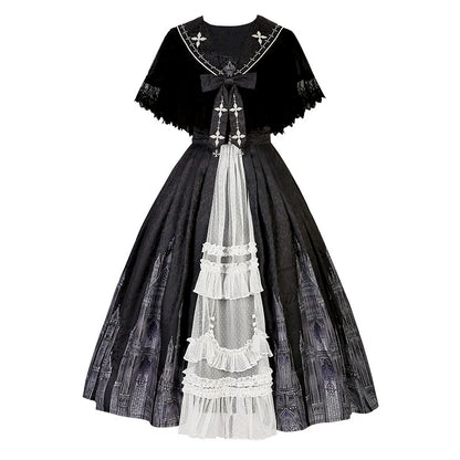 Cornfield Lolita - Silent Church - Gothic Lolita JSK Front Open Printed Dress and Thin Cardigan Set