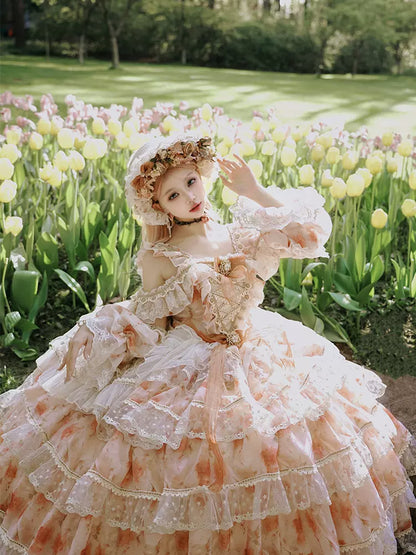 Cat Fairy - Rose Letter - Wedding Lolita Princess Dress Floral Printing Flounce Hem