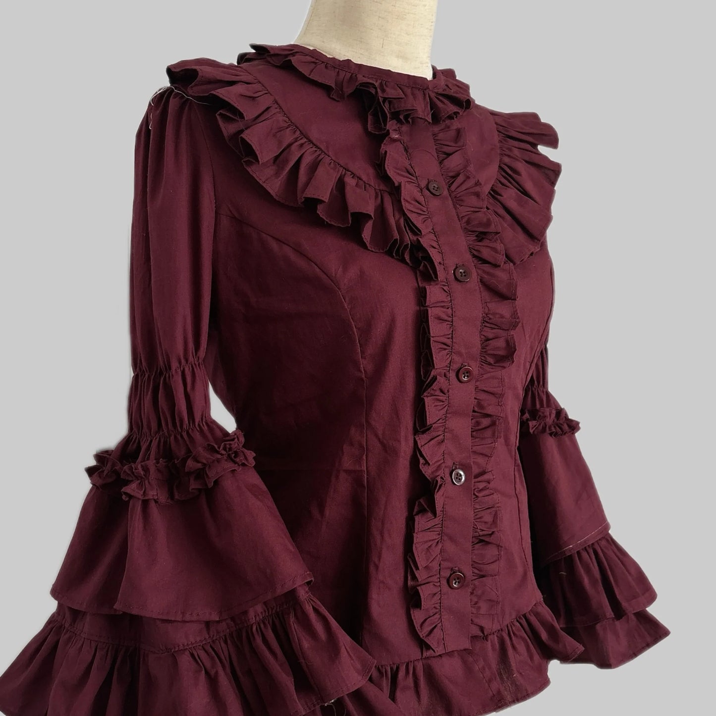 TaTaTa Lolita - Burgundy Rose - Old School Lolita Hime Sleeve Blouse, Ruffle Detail