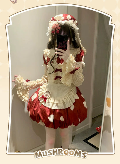 Sakurahime - Mushroom - Kawaii Lolita OP Dress with Apron and Detachable Sleeves