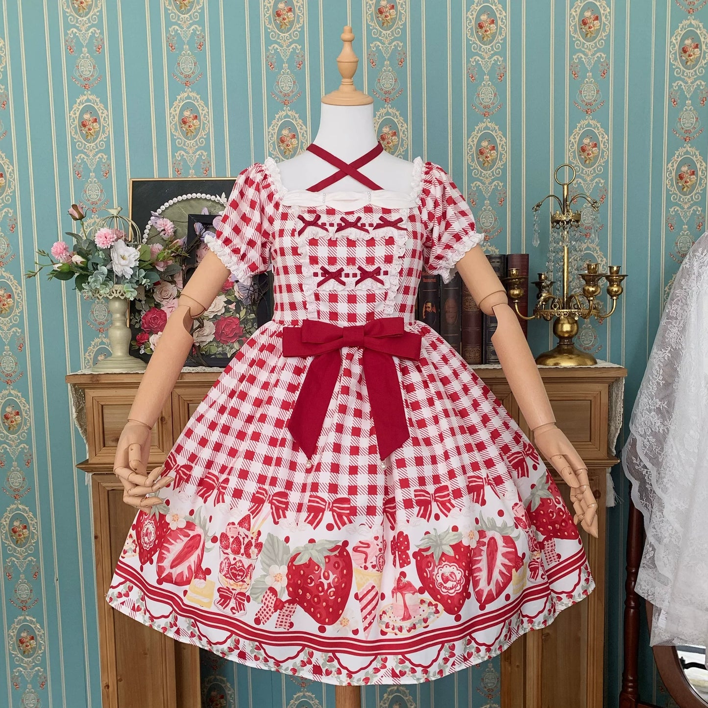 Chubby Cat Diary - Gingham Strawberry - Plus Size Country Lolita OP Dress