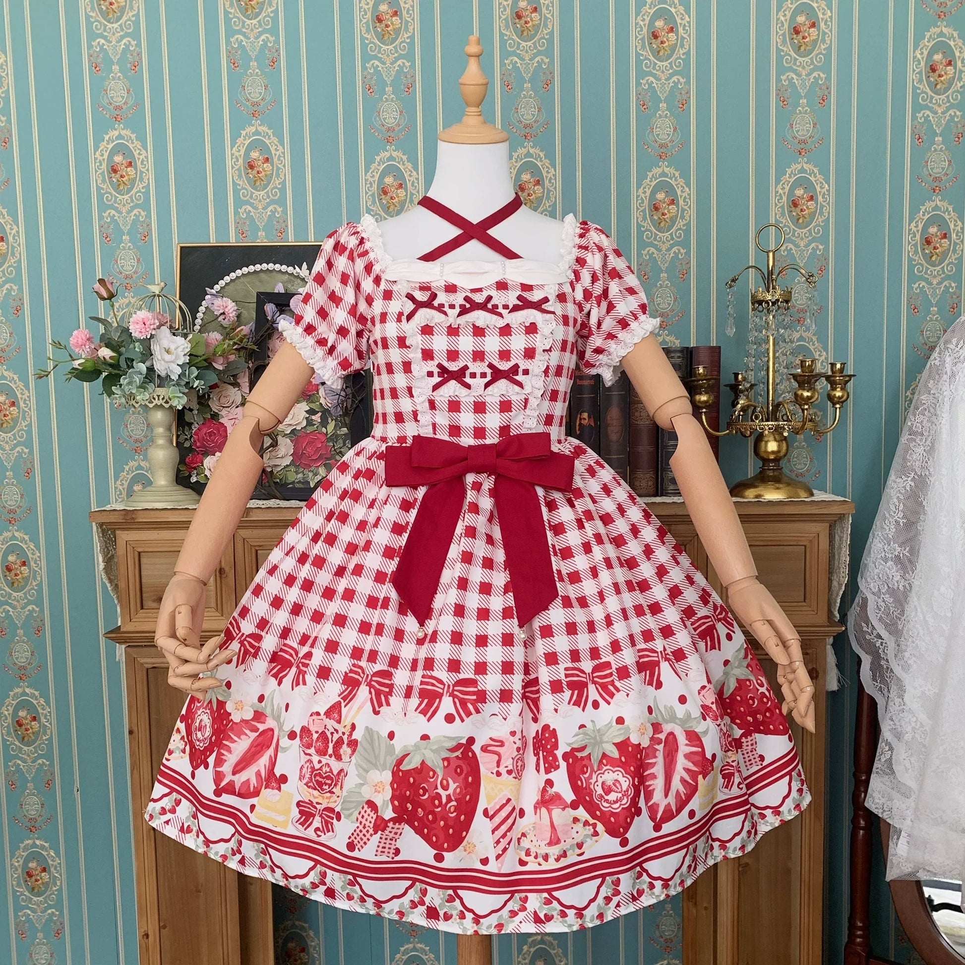 Chubby Cat Diary - Gingham Strawberry - Plus Size Country Lolita OP Dress