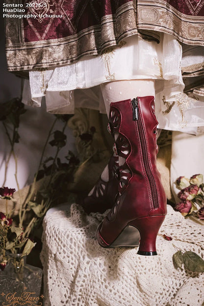 Sentaro - Floral Carved - Vintage Lolita Shoes Mary Jane Hollow-out Ankle Boots