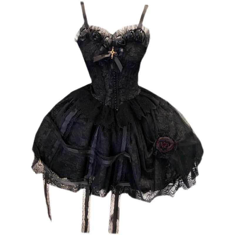 Doujiang - Rose Cage - Gothic Lolita Dress Black Suspender Dress