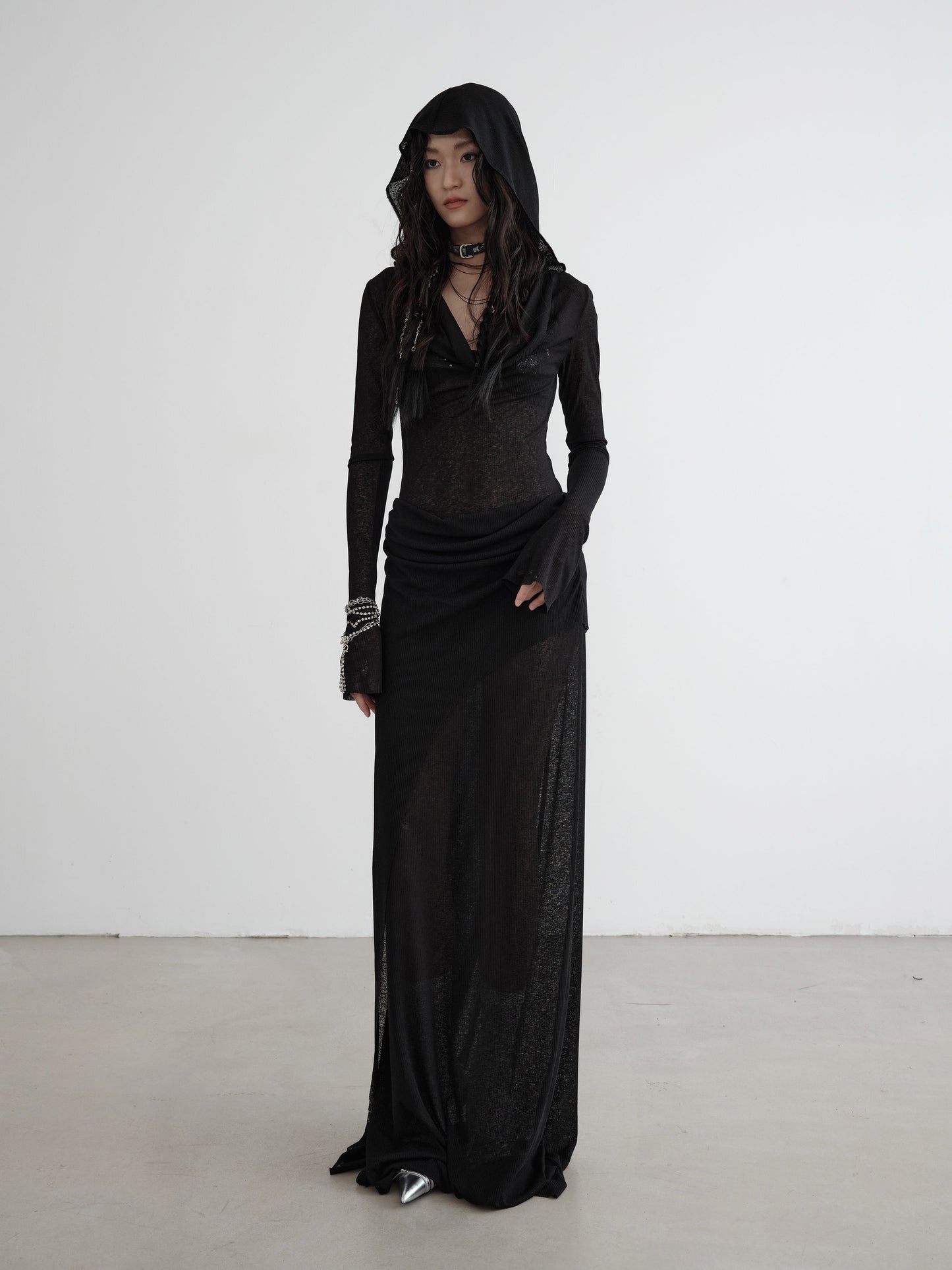 Semi-transparent Knitted Fake Two-piece Layered Hooded Dress