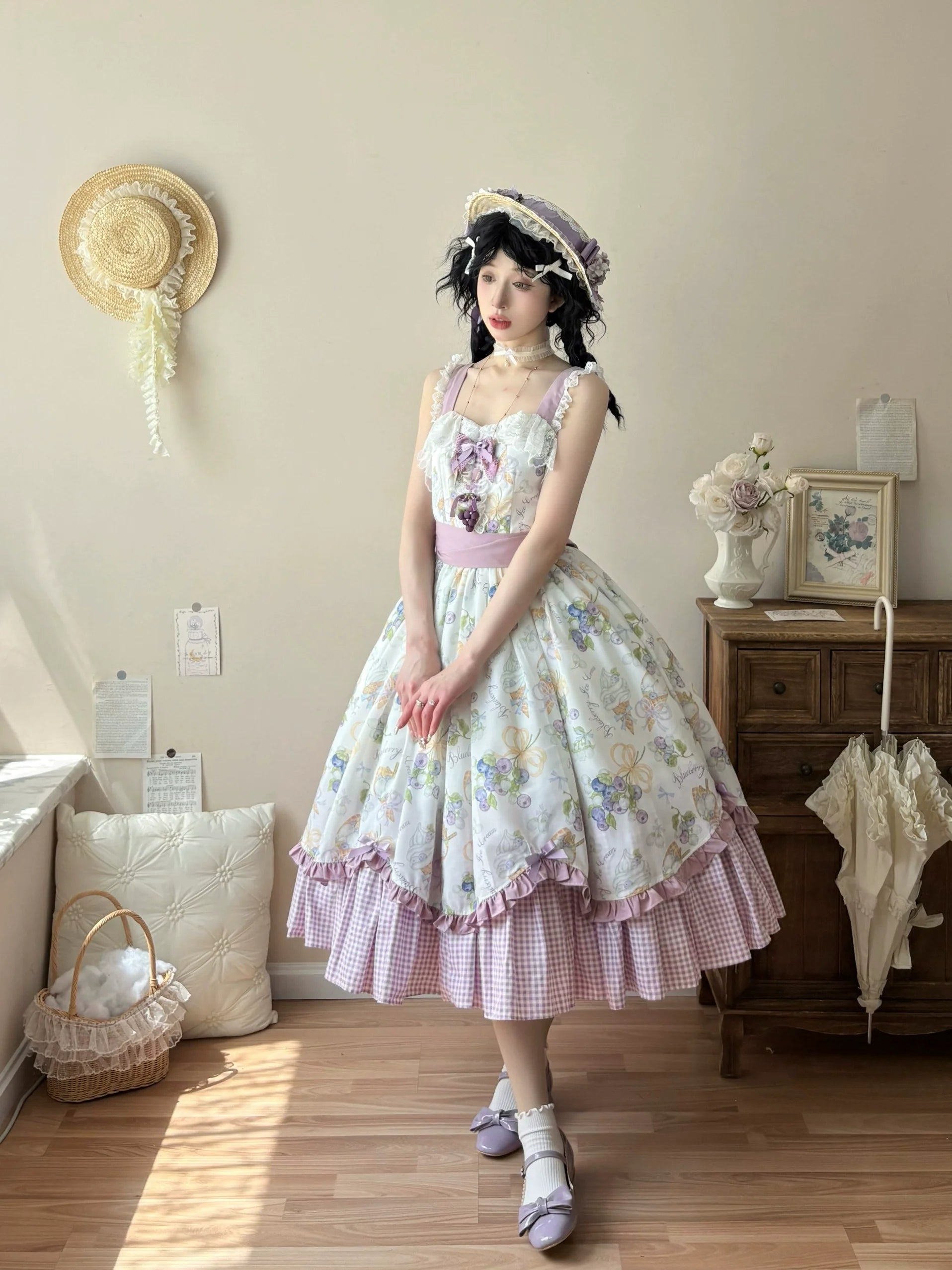 Qianmu - Blueberry Summer - Classic Lolita JSK Dress with Large Hem and Cotton Lining