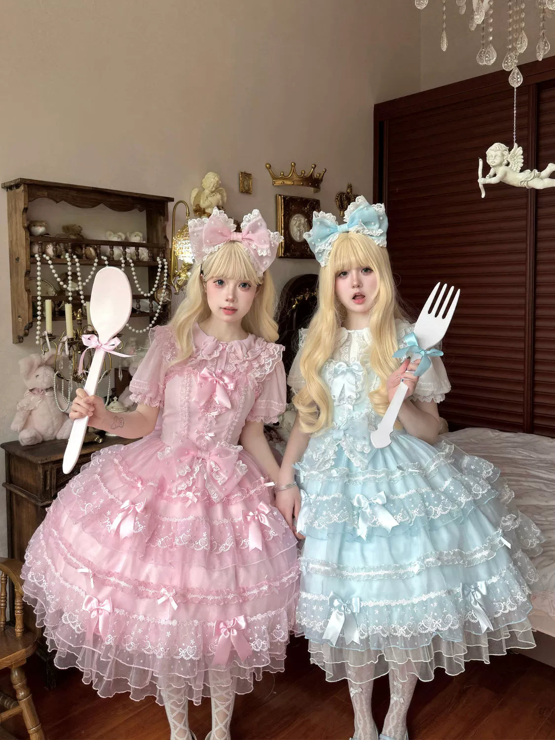 Hanguliang - Fudie Heart - Sweet Lolita JSK Dress With Tiered Skirt and Bow Trailing