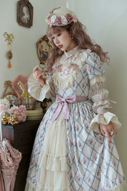 Moon River - Elegant Lolita OP Dress Short Sleeve Square Neckline Print Dress