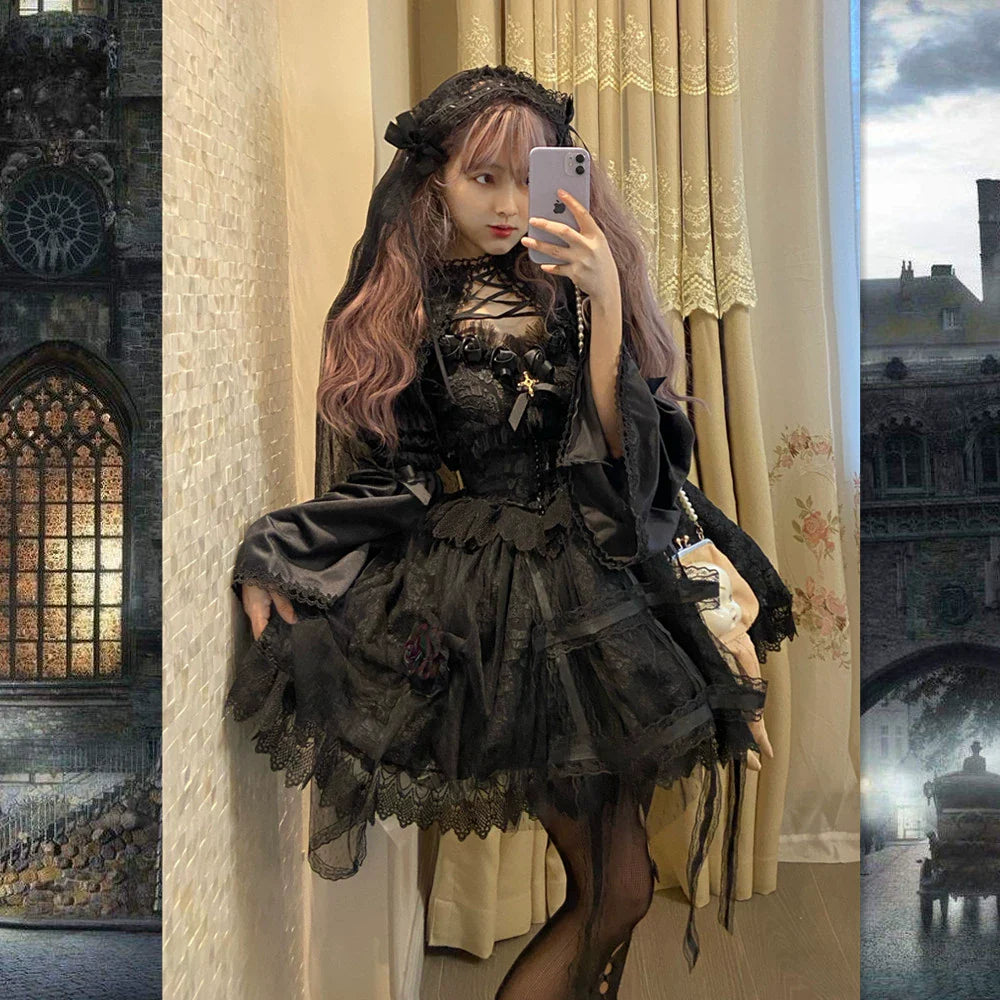 Doujiang - Rose Cage - Gothic Lolita Dress Black Suspender Dress