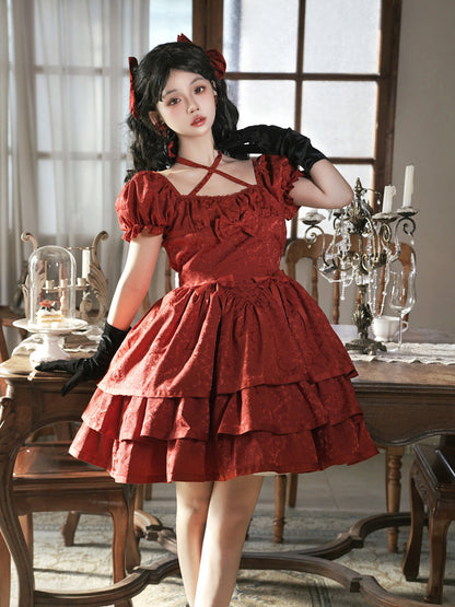 Eieyom - Elegant Lolita Short Sleeve Red Dress
