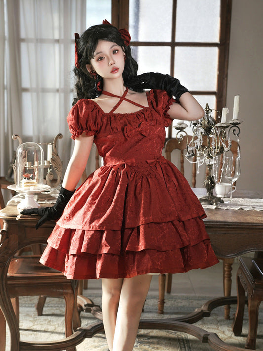 Eieyom - Elegant Lolita Short Sleeve Red Dress