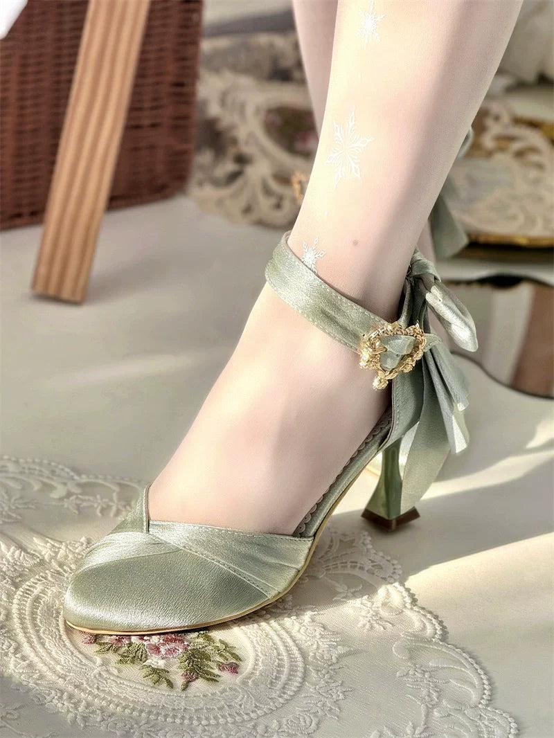 MR.Qiutian - Coronation - Elegant Lolita Shoes Satin Heels With Rose Buckle & Bow Clip