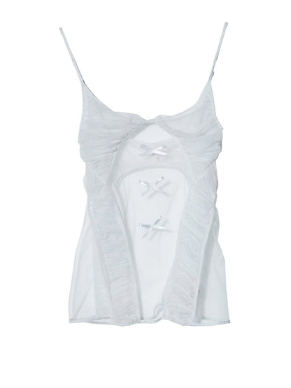 Mesh Shirring See-through Ribbon Camisole