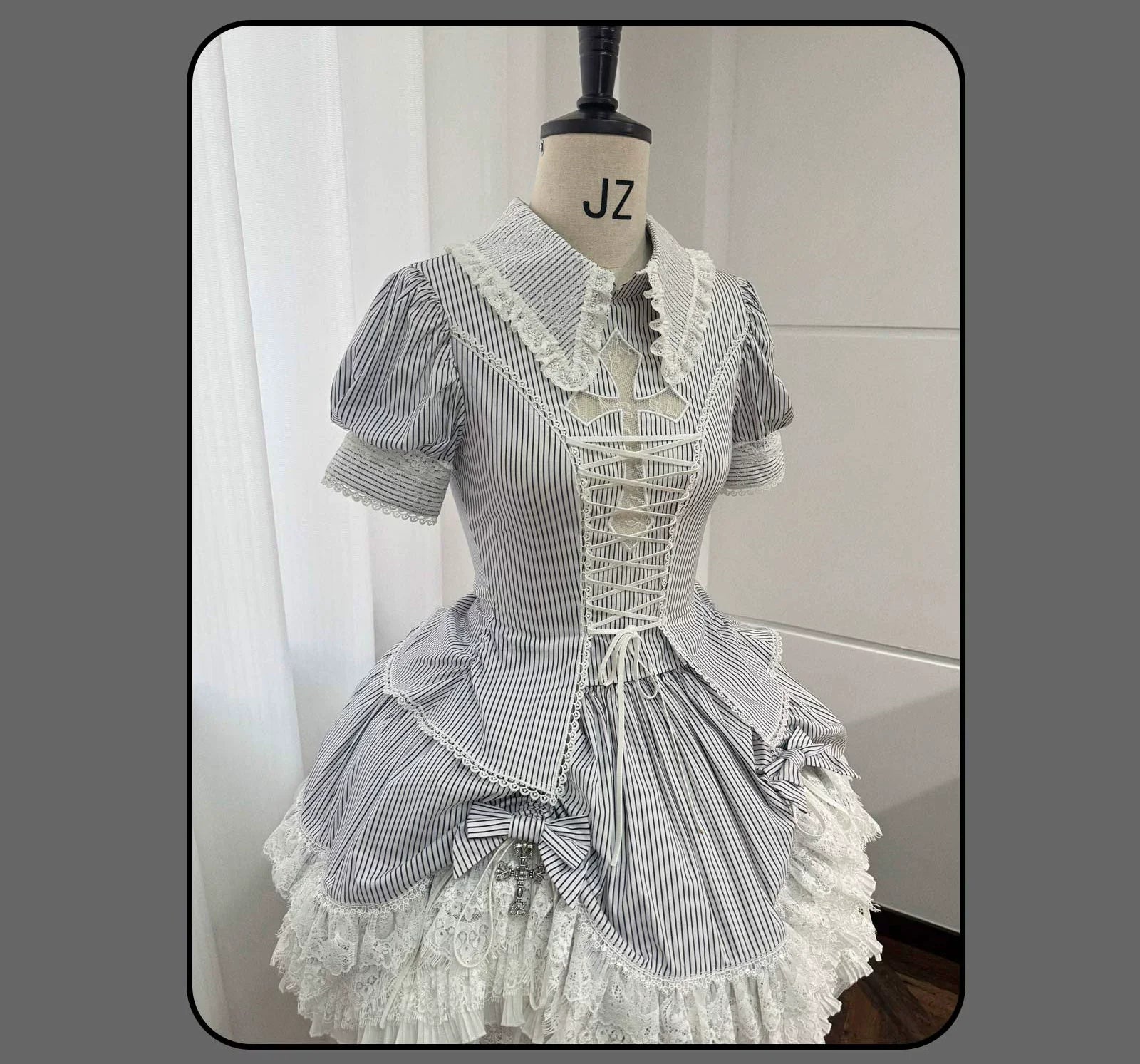 Susin Lolita - Striped Cross - Gothic Coordinated Lolita Set, Adjustable Blouse & Skirt