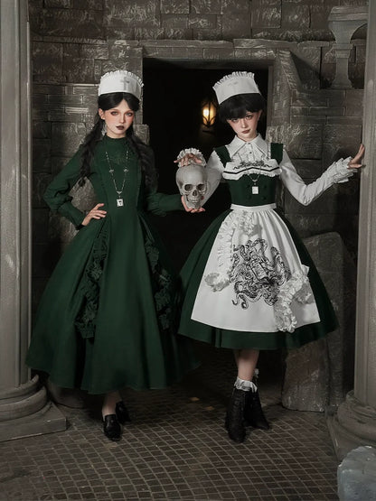 With PUJI - Letter and Poetry ﾂｷ Abyss Clinic - Gothic Lolita Green Dress Set