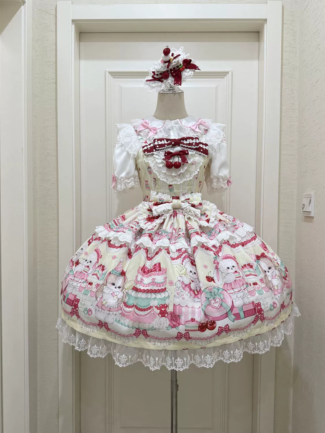 Hanguliang - Cherry Bake Song - Kawaii Lolita JSK Dress With Dessert Print & Cherry Bow
