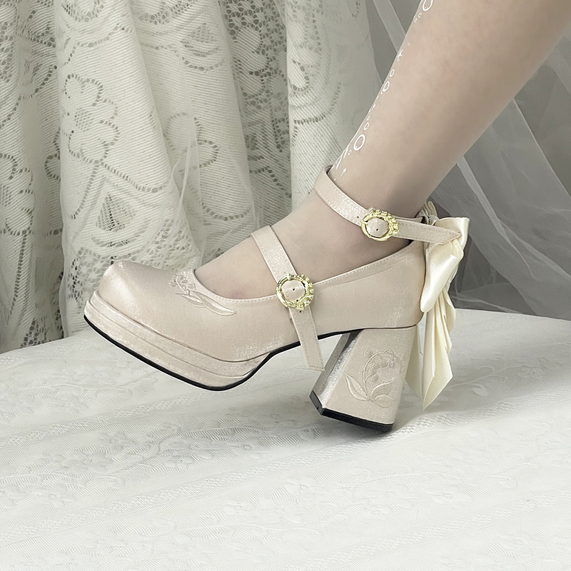 Dreamland - Dreamlike Lily of the Valley - Classic Lolita Platform Shoes with Back Large Bow