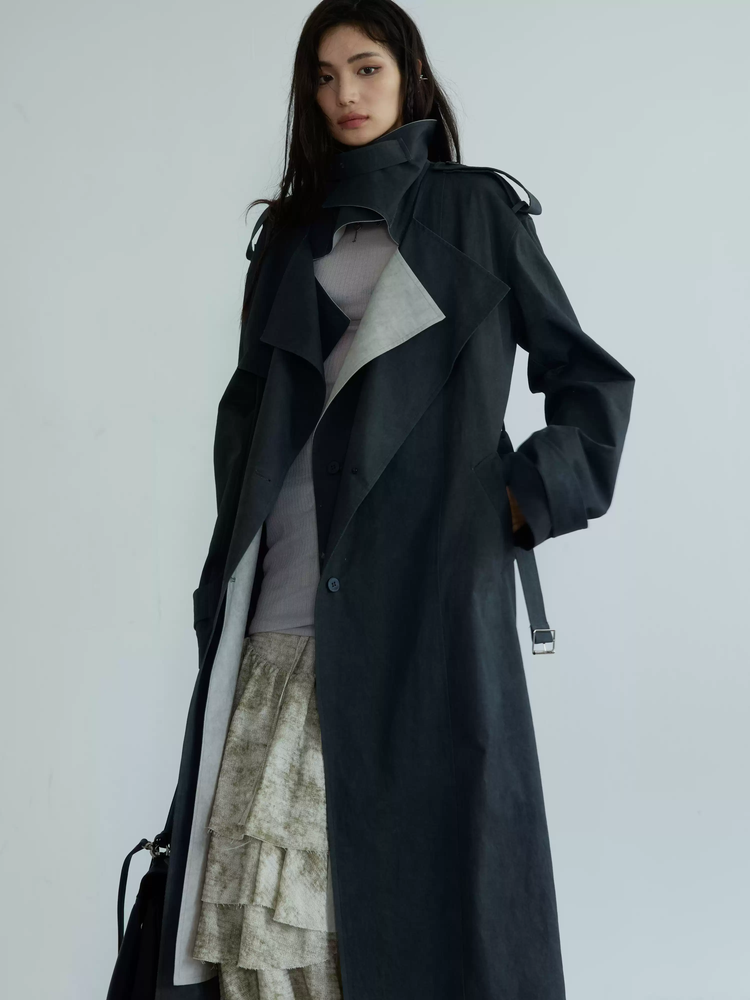 Long Bi-Color Big-Collar Ovresize Plain Trench-Coat