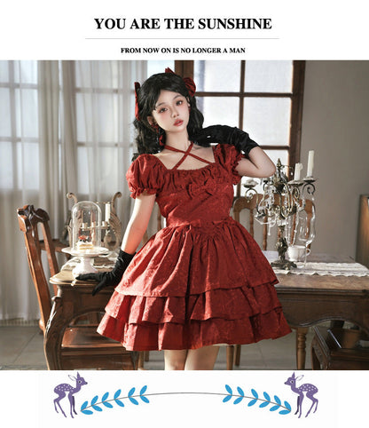 Eieyom - Elegant Lolita Short Sleeve Red Dress