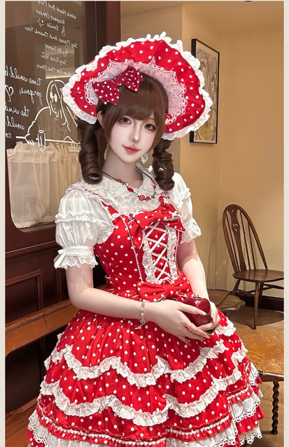 TaTaTa Lolita - Polka Bailys - Old School Lolita JSK Suit Red White Polka Dot Dress