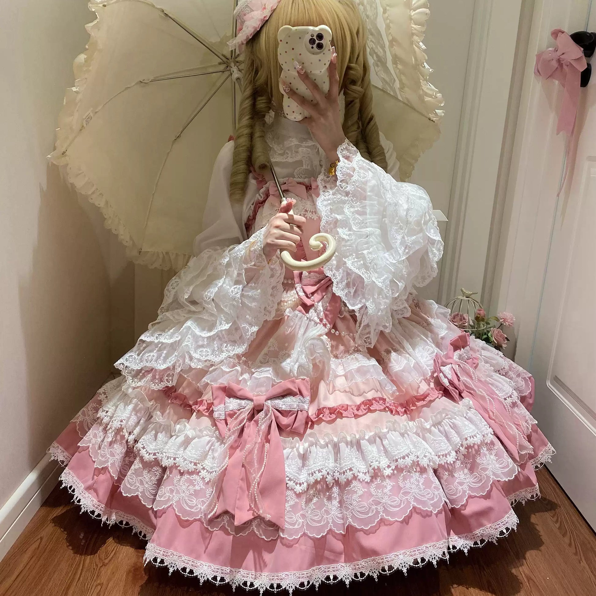 Qianmu - Girl's Secret - Pink Sweet Lolita JSK Dress with Lace and Bow Trailing