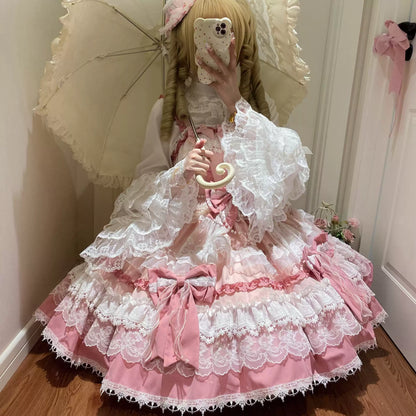 Qianmu - Girl's Secret - Pink Sweet Lolita JSK Dress with Lace and Bow Trailing