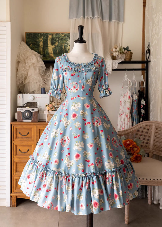 Forest Wardrobe - Summer Berry Picture Book - Vintage Lolita OP Dress Floral Print Short Sleeve Dress