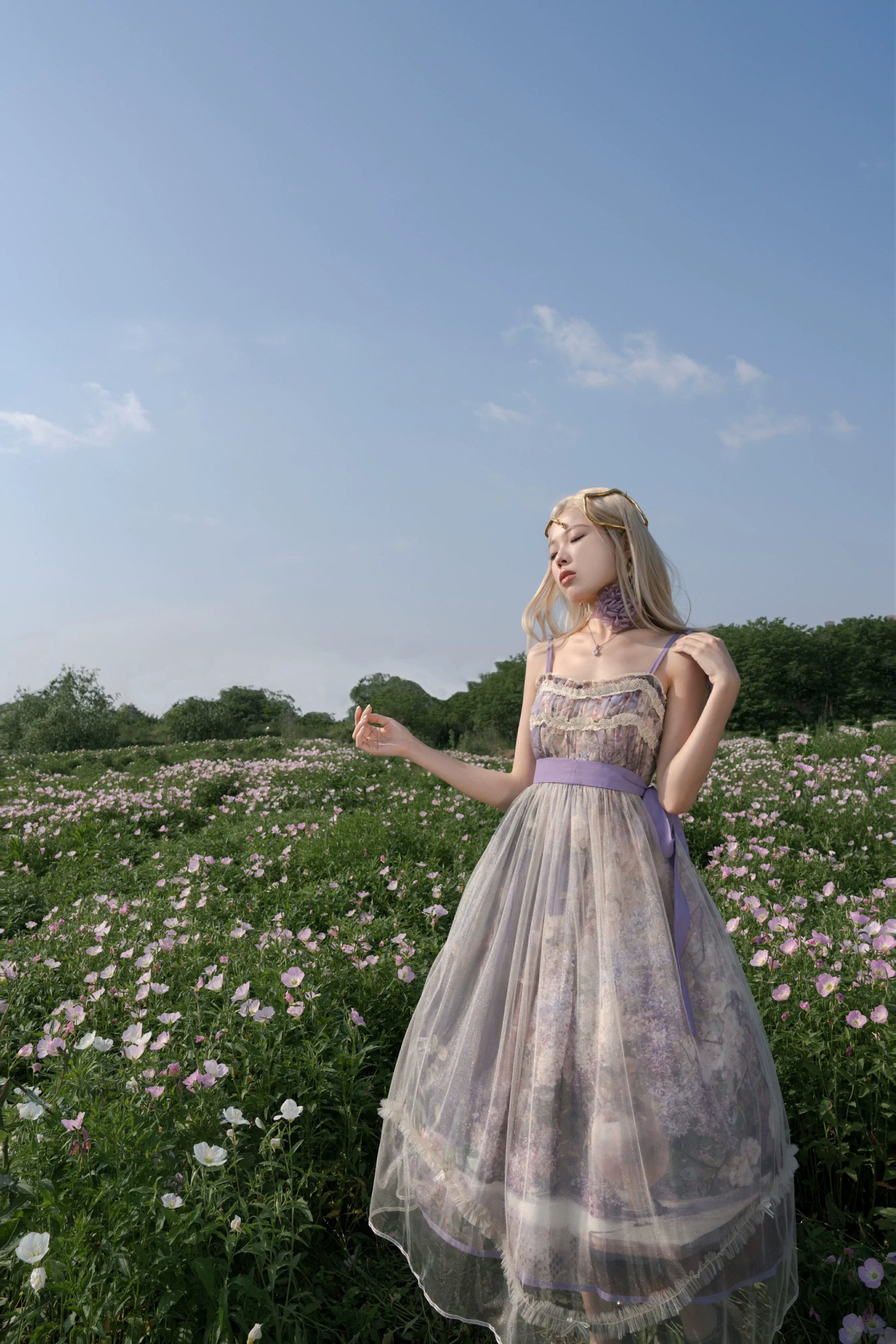 Cyan Lolita - Blooming Tree Shade - Sweet Lolita Strap JSK Bow Oil Painting Print Dress