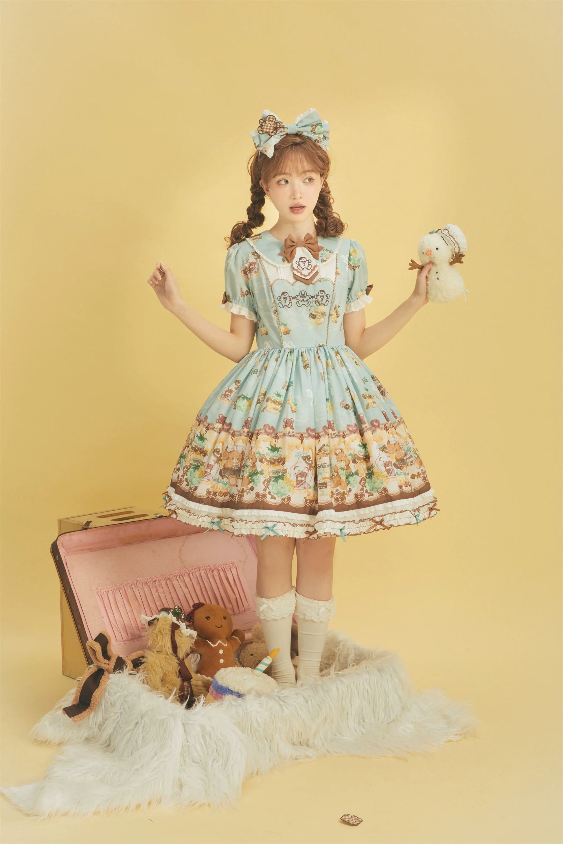 Babyblue - Little Bear Honey Jar - Kawaii Lolita Short Sleeve OP Gingerbread Man Embroidered Dress