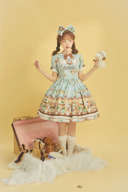 Babyblue - Little Bear Honey Jar - Kawaii Lolita Short Sleeve OP Gingerbread Man Embroidered Dress