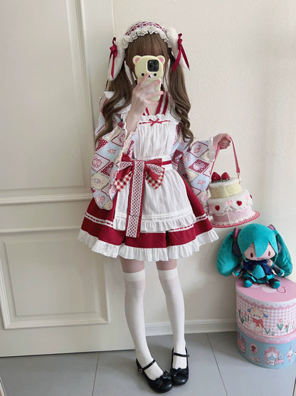 Sugar Girl - Showa Sweetness - Maid Wa Lolita Skirt Set Cute Summer Lolita Bow Apron
