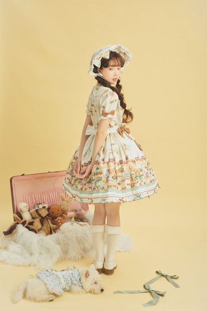 Babyblue - Little Bear Honey Jar - Kawaii Lolita Short Sleeve OP Gingerbread Man Embroidered Dress