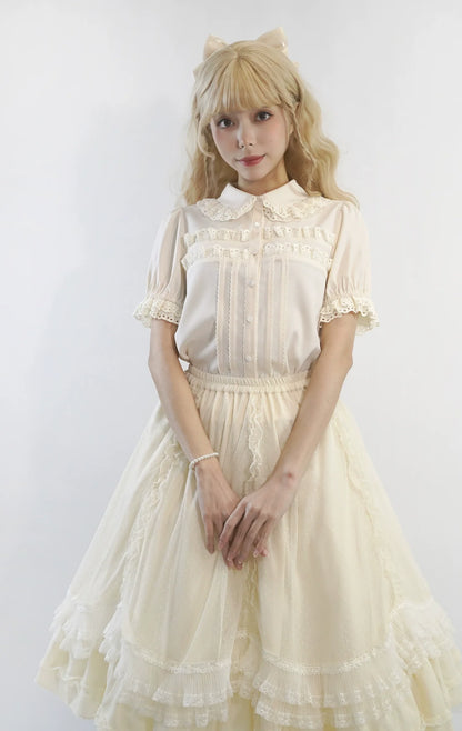 Little Dipper - Cherry Xiaobei - Daily Lolita Splicing Sleeve Lace Shirt