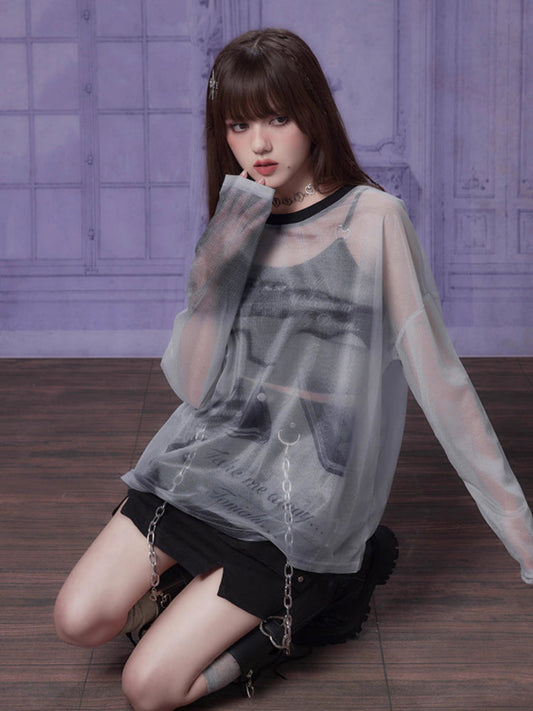 Printed mesh long sleeve T-shirt【s0000007398】