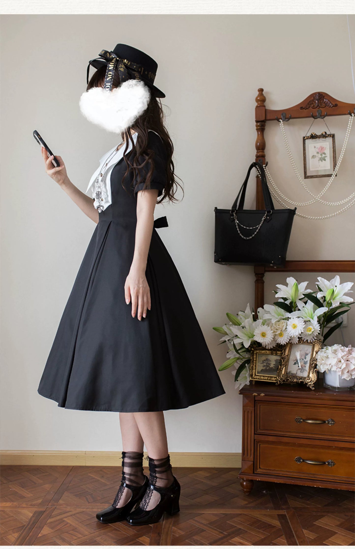 Forest Fluorescent Carps - The Rain of London - Elegant Lolita OP Dress, Bat Wing-Shaped Neckline