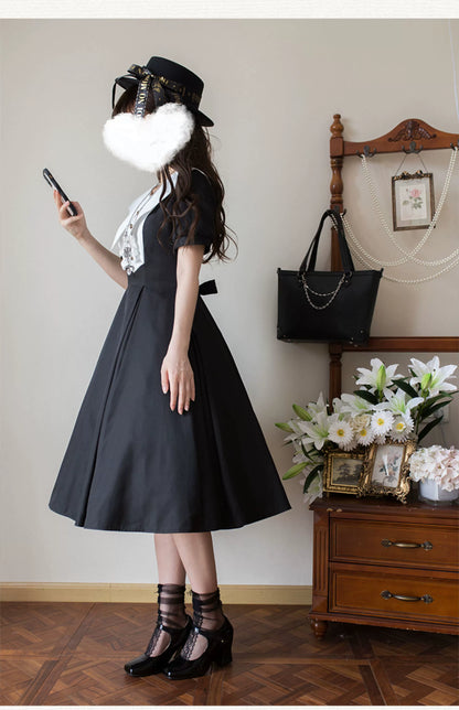 Forest Fluorescent Carps - The Rain of London - Elegant Lolita OP Dress, Bat Wing-Shaped Neckline