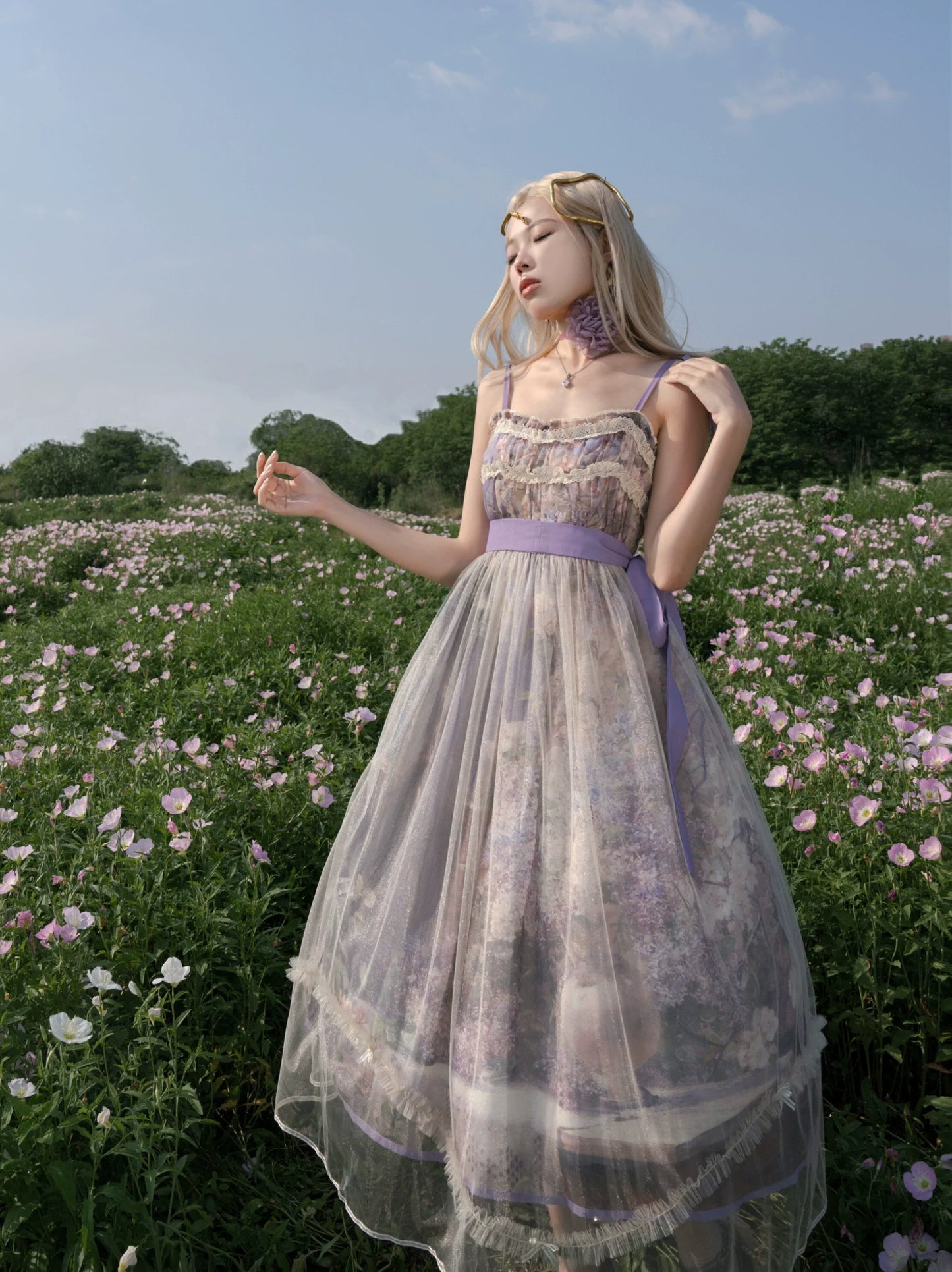 Cyan Lolita - Blooming Tree Shade - Sweet Lolita Strap JSK Bow Oil Painting Print Dress