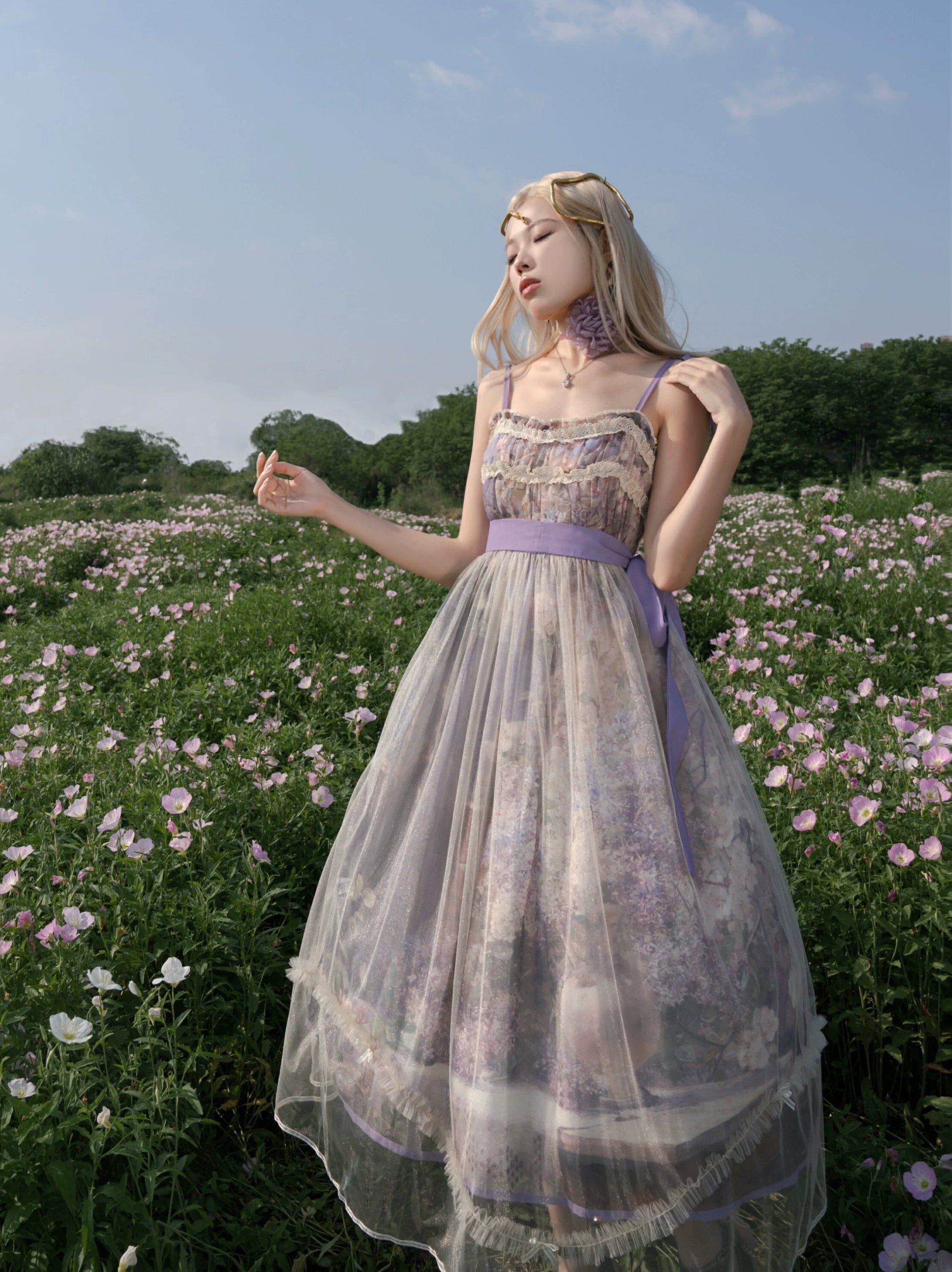 Cyan Lolita - Blooming Tree Shade - Sweet Lolita Strap JSK Bow Oil Painting Print Dress