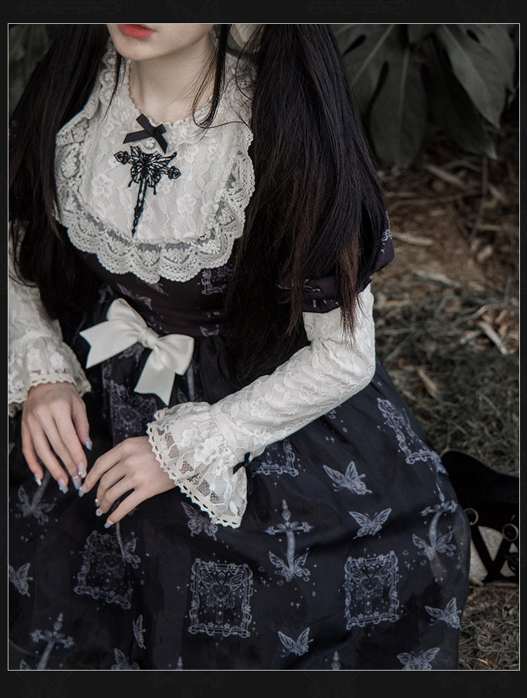 With PUJI - Gothic Butterfly Printing Embroidery Lolita OP