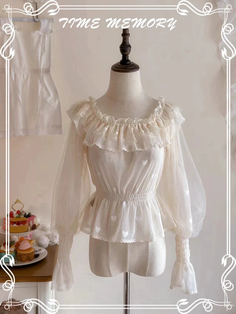 Time Memory - Layered Heart - Sheer Classic Shirt with Mutton Sleeves & Polka Dot