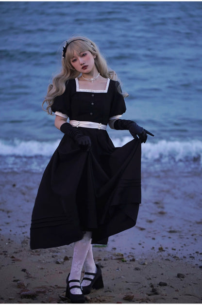 HuTaoMuJK - Thoughts - Vintage Lolita OP Dress Square Neckline Black Lolita Dress