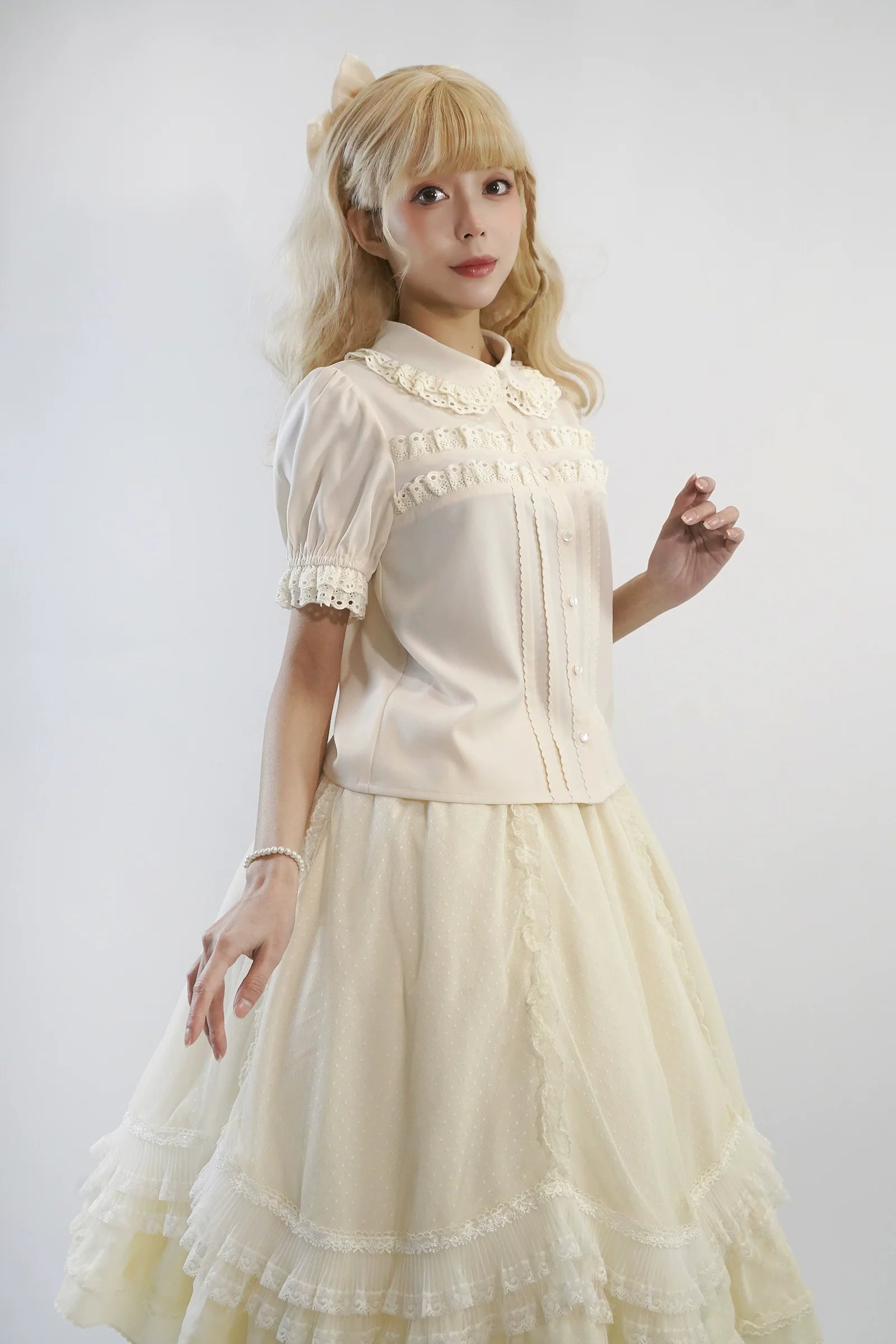 Little Dipper - Cherry Xiaobei - Daily Lolita Splicing Sleeve Lace Shirt