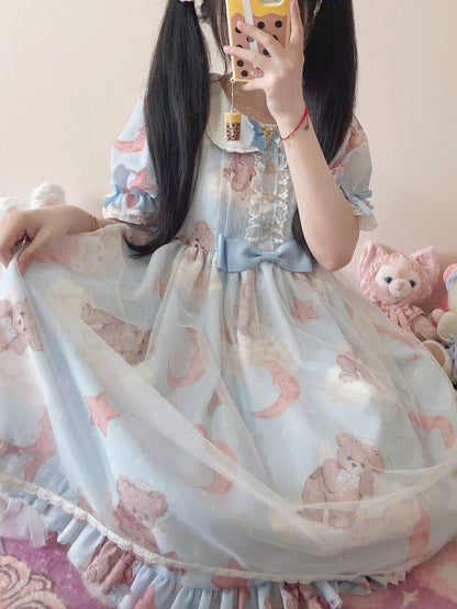 Polaris Lolita - Starry Wish Bear 2.0 - Kawaii Lolita OP Dress with Short Puffy Sleeves